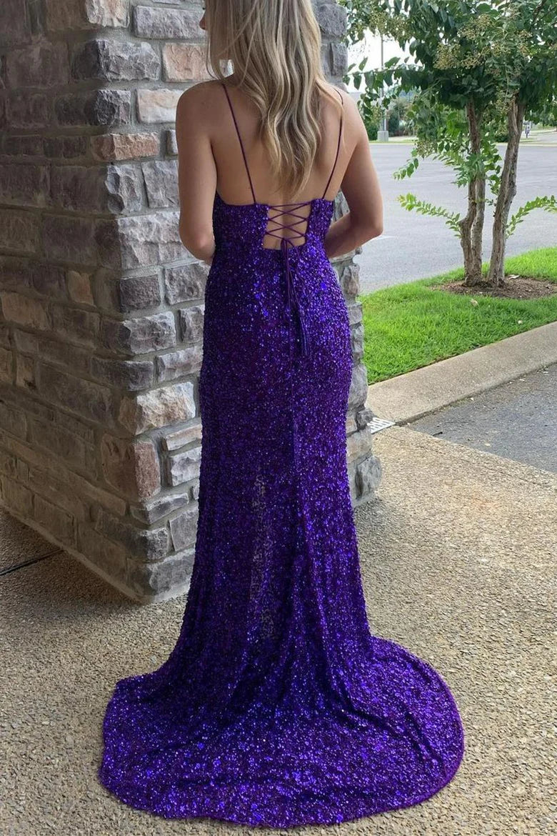 Vestido de fiesta largo de sirena con lentejuelas y abertura
